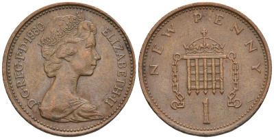Великобритания 1 пенни 1980 Елизавета II (1952-2022) KM 915, Spink 4237 (B1) бронза 4609-514