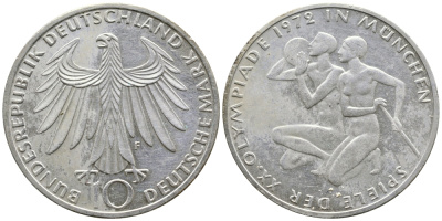 ФРГ 10 марок 1972 F, XX летние Олимпийские Игры, Мюнхен 1972, спортсмены KM 132, J.403 серебро UNC 443-344