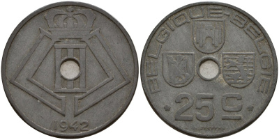 Бельгия 25 сантимов 1942 Belgique - Belgie, Леопольд III (1934-1947), германская оккупация, Вторая мировая война KM 131 цинк 4157-432