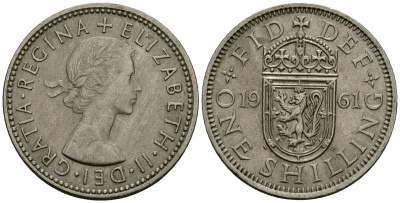 Великобритания 1 шиллинг 1961 Елизавета II (1952-2022), Шотландский герб KM 905, Spink 4148 медно-никель 4167-724