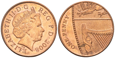 Великобритания 1 пенни 2008 Елизавета II (1952-2022) KM 1107, Spink B6 сталь плакированная медью 4609-643