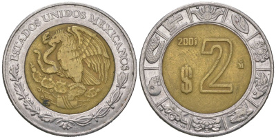 Мексика 2 песо 2001 KM 604 биметалл 4620-537