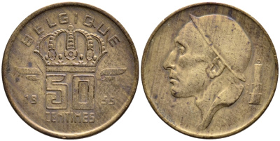 БЕЛЬГИЯ 50 САНТИМОВ 1955 BELGIQUE KM 144 бронза 4392-816