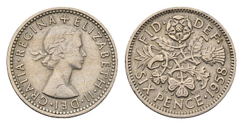 Великобритания 6 пенсов 1958 Елизавета II (1952-2022) KM 903, Spink 4149 медно-никель 4696-824