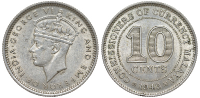 Британская Малайя 10 центов 1943 Георг VI (1937-1952) KM 4a серебро 53-233
