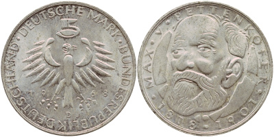 ФРГ 5 марок 1968 D, 150 лет со дня рождения Макса фон Петтенкофера J. 398, KM 123.1 серебро aUNC 1529-145