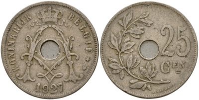 Бельгия 25 сантимов 1927 Belgie KM 69 медно-никель 4159-555