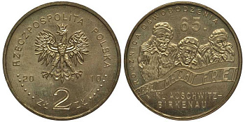 Польша 2 злотых 2010 MW, 65 лет освобождения концлагеря Аушвиц-Биркунау (Освенцим) KM 712 нордик UNC 4676-633