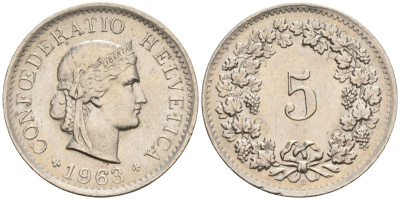 Швейцария 5 раппенов 1963 B KM 26 медно-никель 4608-452