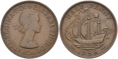 Великобритания 1/2 пенни 1958 Елизавета II (1952-2022) KM 896, Spink 4158 бронза 4126-754