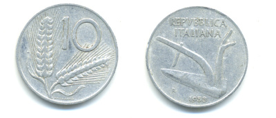 Италия 10 лир 1953 R, плуг, колосья KM 93 алюминий 86-945