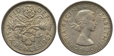Великобритания 6 пенсов 1967 Елизавета II (1952-2022) KM 903, Spink 4149 медно-никель 4538-653