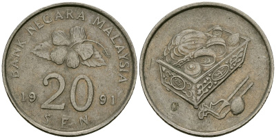 Малайзия 20 сенов 1991 цветок KM 52 медно-никель 4167-315