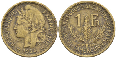 Французский Камерун 1 франк 1924 (а), монетный двор Париж KM 2 алюминиевая бронза 23-1037