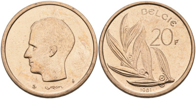 Бельгия 20 франков 1981 Belgie KM 160 никель бронза UNC 189-942