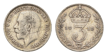 Великобритания 3 пенса 1919 Георг V (1910-1936) KM 813, Spink 4015 серебро 4644-241