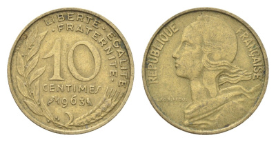 Франция 10 сантимов 1963 KM 929 алюминиевая бронза 4702-1256