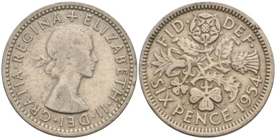 Великобритания 6 пенсов 1954 Елизавета II (1952-2022) KM 903, Spink 4149 медно-никель 4596-1036