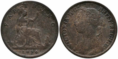 Великобритания 1 фартинг 1894 Виктория (1837-1901) KM 753, Spink 3958 бронза 113-114