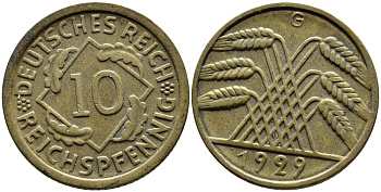 ГЕРМАНИЯ 10 РЕЙХСПФЕННИГОВ 1929 G, KM 40, J. 317 алюминиевая бронза 4390-842