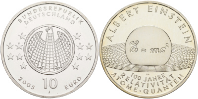 ФРГ 10 евро 2005 J, Альберт Эйнштейн, формула, 100 лет теории относительности KM 238, DE.S. 10.21 серебро PROOF 1076-3-51