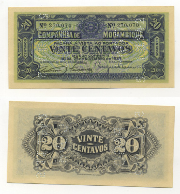 Мозамбик, Португальский 20 сентаво 1933 25 ноября 1933, перфорация PAGO 5.11.1942 Pick R29 бумага 6283-32-1