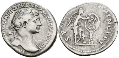 Римская Империя денарий 112 - 114 Траян SPQR OPTIMO PRINCIPI Виктория, пишущая на щите DACICA Рим Very fine RIC 286 серебро 1073-4-2-3