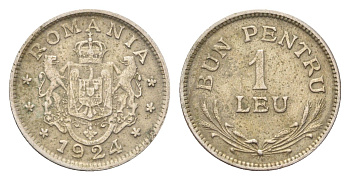 Румыния 1 лей 1924 Фердинанд I (1914-1927) KM 46 медно-никель 4705-767