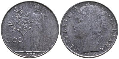 ИТАЛИЯ 100 ЛИР 1975 R, АФИНА KM 96.1 нержавеющая сталь 3334-236