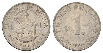 Боливия 1 боливиано 1968 KM 192 сталь плакированная никелем 4132-345