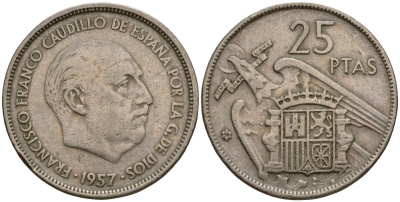 Испания 25 песет 1957 (59) KM 787 медно-никель 92-321