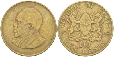 Кения 10 центов 1968 Джомо Кениата KM 2 никель латунь 4512-235