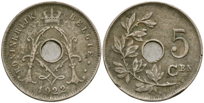Бельгия 5 сантимов 1922 BELGI? KM 67 медно-никель 4174-259