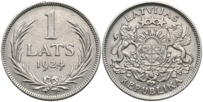 Латвия 1 лат 1924 Первая республика (1918-1939) KM 7 серебро 27-1227
