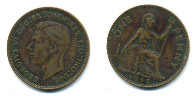 Великобритания 1 пенни 1945 Георг VI (1936-1952) KM 845, Spink 4114 бронза 4110-323