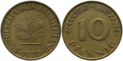 ФРГ 10 ПФЕННИГОВ 1970 G KM 108, J.383 сталь плакированная латунью 33-123