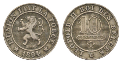Бельгия 10 сантимов 1894 Belges, Леопольд II (1865-1909) KM 42 медно-никель 4623-1121