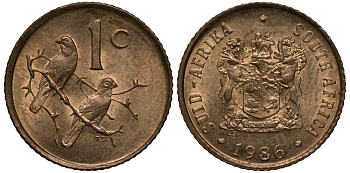 ЮАР 1 цент 1986 герб, капские воробьи KM 82 бронза UNC 105-917