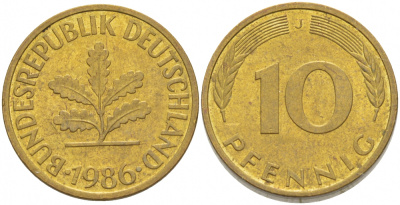 ФРГ 10 ПФЕННИГОВ 1986 J KM 108, J.383 сталь плакированная латунью 3718-833