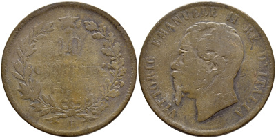 ИТАЛИЯ 10 ЧЕНТЕСИМО 1866 H, ВИКТОР ИМАНУИЛ II KM 11.3 медь 4389-1144