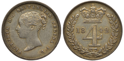 Великобритания 4 пенса 1842 Виктория (1837-1901) KM 732, Spink 3917 серебро aUNC 1524-215
