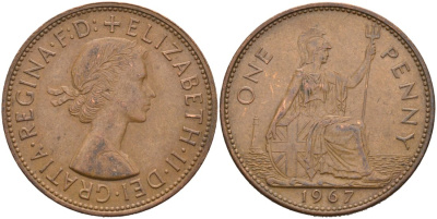 Великобритания 1 пенни 1967 Елизавета II (1952-2022) KM 897, Spink 4157 бронза 4572-1011