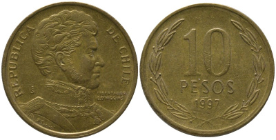 Чили 10 песо 1997 So KM 228.2, Schon 82 алюминиевая бронза 4544-627