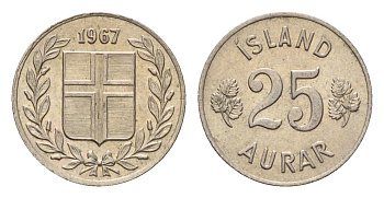 Исландия 25 эйре 1967 KM 11 медно-никель UNC 4690-645