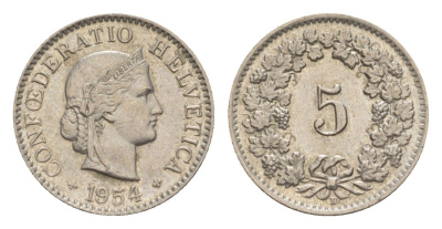 Швейцария 5 раппенов 1954 B KM 26 медно-никель aUNC 4611-728