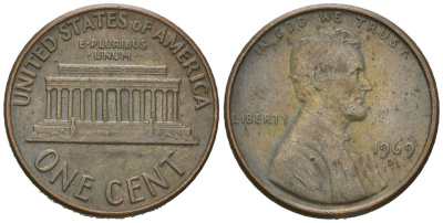 США 1 цент 1969 D, Авраам Линкольн  KM 201 медь цинк 220-846