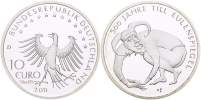ФРГ 10 евро 2011 D, 500 ЛЕТ ТИЛЮ УЛЕНШПИГЕЛЮ KM 300а, DE.S 10.53 серебро PROOF 1082-9-24