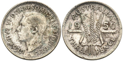 Австралия 3 пенса 1950 KG, Георг VI (1937-1952) KM 44 серебро 4585-264