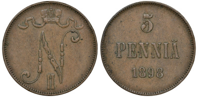 Россия для Финляндии 5 пенни 1898 Николай II (1894-1917) KM 15, Биткин 443 медь 51-857