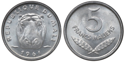 Мали 5 франков 1961 бегемот KM 2 алюминий UNC M55-08